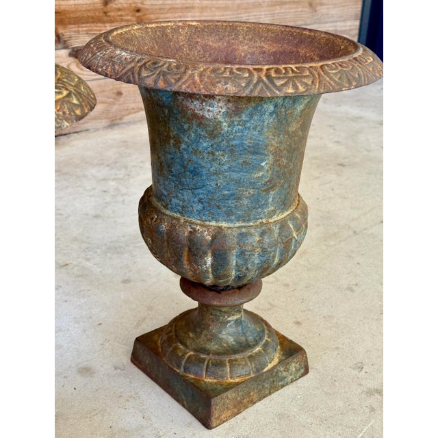 Cerulean Early 20th Century French Cast Iron Medici Urn Planters – Pair For Sale - Image 8 of 12