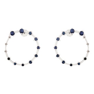 Modern Station Hoop Earrings in Silver With Blue Sapphire & Diamond- A Pair For Sale