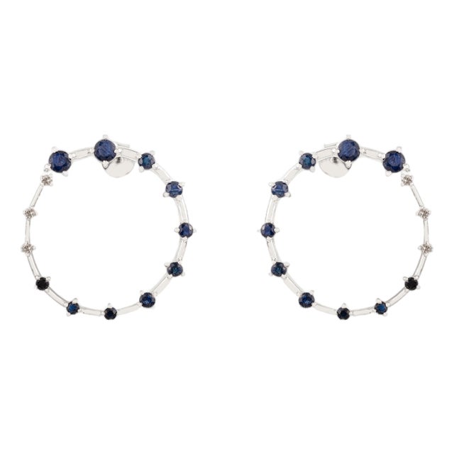 Modern Station Hoop Earrings in Silver With Blue Sapphire & Diamond- A Pair For Sale