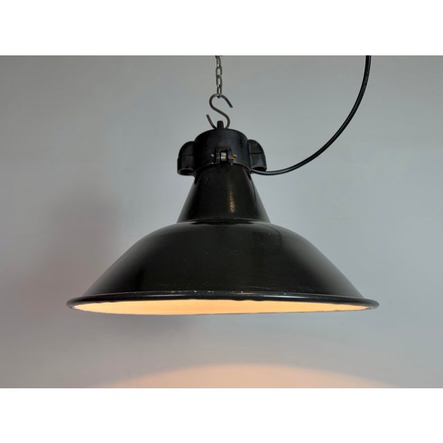Industrial Black Enamel Pendant Lamps with Cast Iron Top, 1950s, Set of 4 For Sale - Image 16 of 18