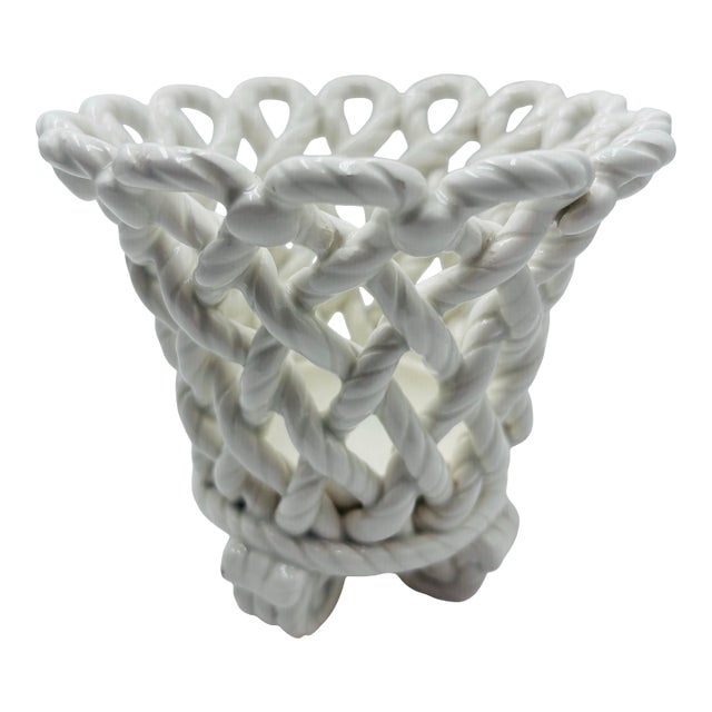 French Country White Ceramic Woven Rope Cachepot Basket For Sale