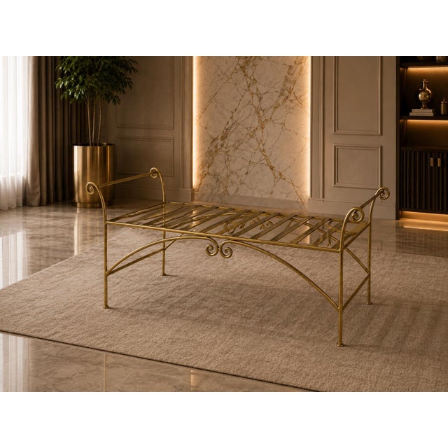 Vintage Hollywood Regency-Style Emerald Green Velvet and Gold-Tone Metal Bench For Sale In Miami - Image 6 of 7