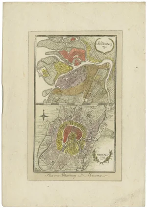 Hand-Colored Plan of St. Petersburg and Moscow in Russia, 1792