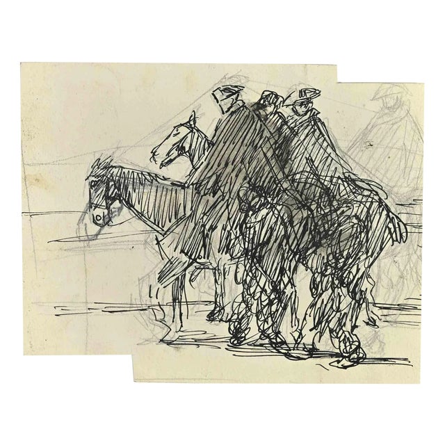 Gabriele Galantara, Horsemen, Mixed Media Drawing, Early 20th Century For Sale