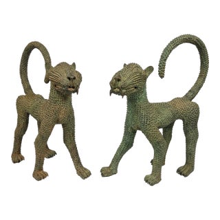 Pair of Vintage Benin-Style Cast Bronze Leopard Statues For Sale