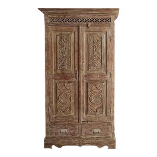 1920s Mahal Carved Teak Antique Whitewash Armoire With Drawers For Sale