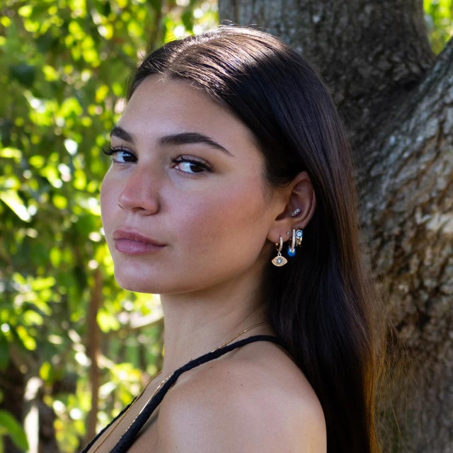 Early 21st Century Blue Evil Eye Gold & Diamond Trio Hoop Earring Set, 3 Pieces For Sale - Image 5 of 8