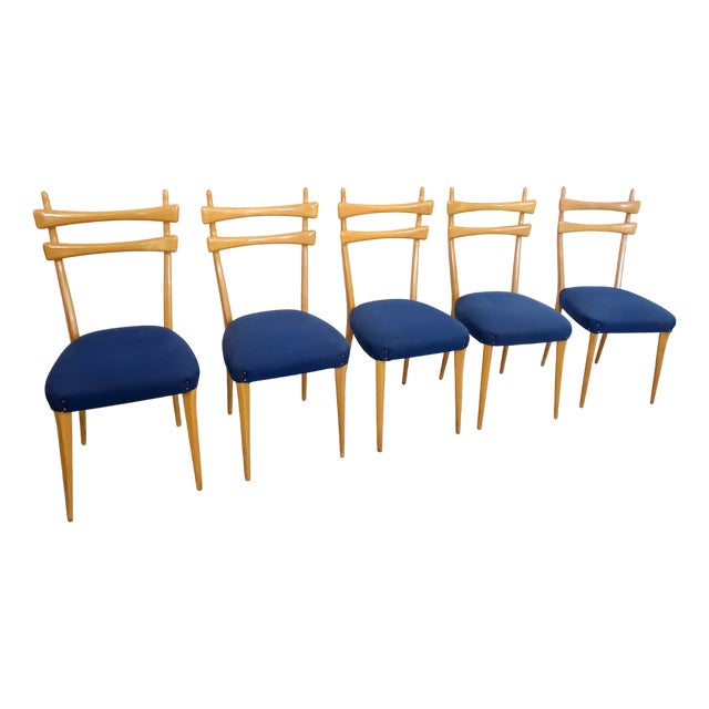 Vintage Maple Dining Chairs with Ultramarine Blue Fabric, 1950s, Set of 5 For Sale