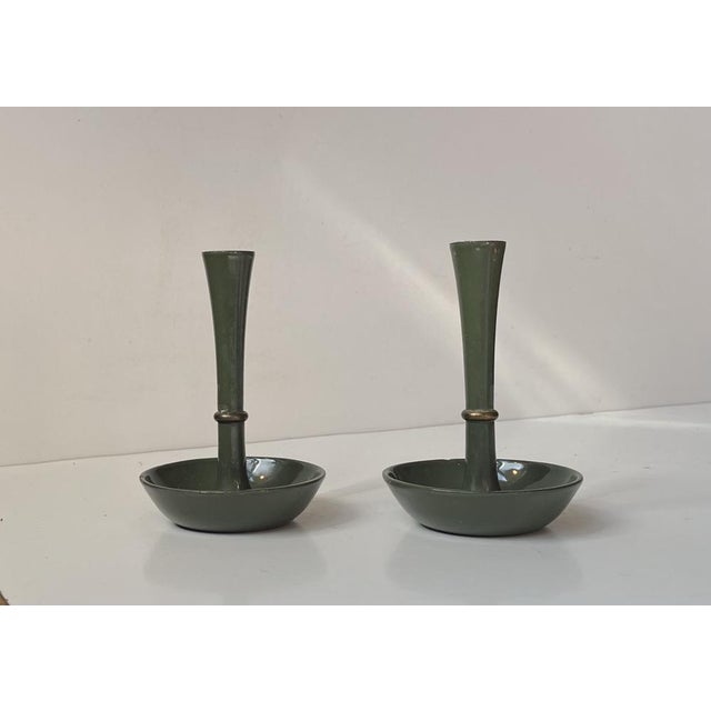 Mid-Century Modern Candleholders in Green Enamel, Brass & Cast Iron from Jens Harald Quistgaard, 1960s, Set of 2 For Sale - Image 3 of 10