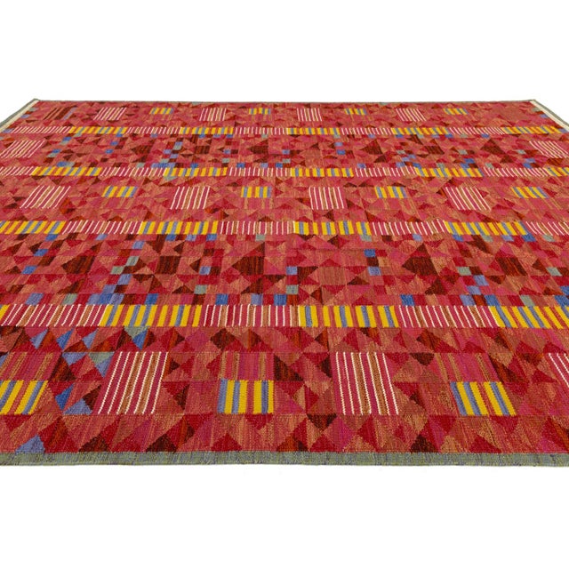 Vibrant Terracotta Geometric Kilim Rug Modern Swedish-Style Wool Flatweave 10x14 For Sale In New York - Image 6 of 10