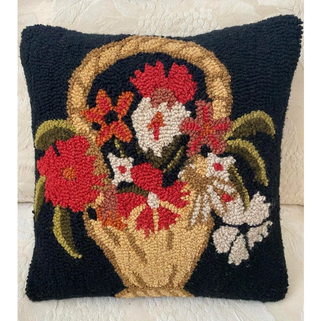 Textile Vintage Mid Century Hand Hooked Flower Basket Pillow For Sale - Image 7 of 7