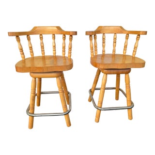 1960s Solid Wood Swivel Captain’s Bar Stools Set of 2 For Sale