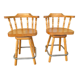 1960s Solid Wood Swivel Captain’s Bar Stools Set of 2