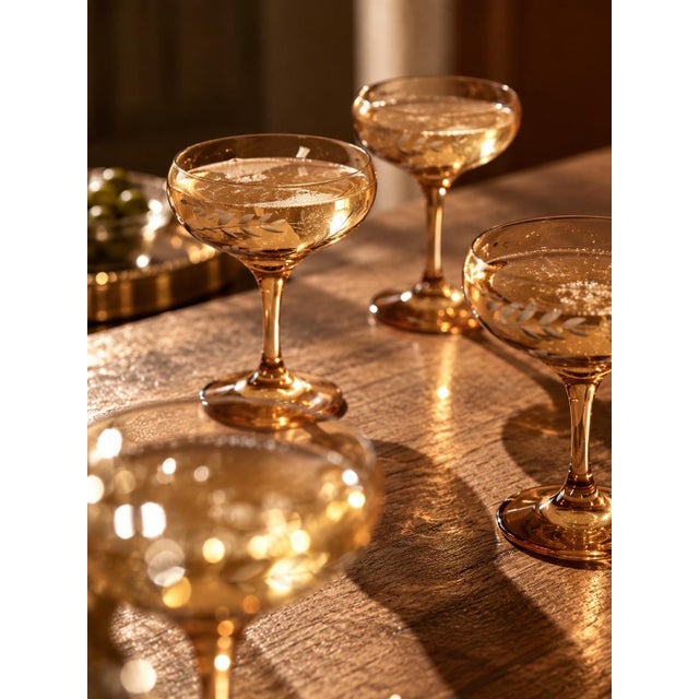 Contemporary Amber Smoked Etched Champagne Coupe Glasses - Set of 4 For Sale - Image 3 of 7
