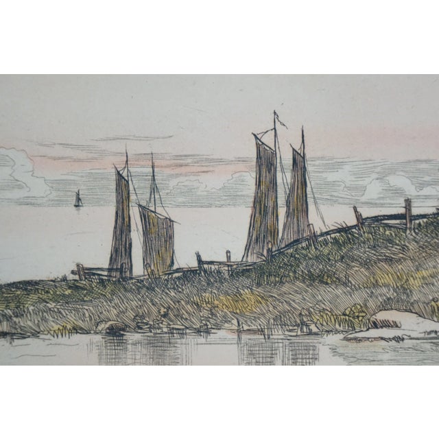 Beige 3 Antique Nan Lindahl Mariners Haven Hillside Cove Sailboat Harbor Etchings 13" For Sale - Image 8 of 16