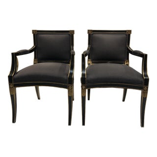 Neoclassical Style Contemporary French Armchairs With Gray Upholstery and Black Bases With Gold Detailing - a Pair For Sale