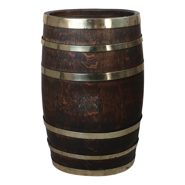 Vintage English Barrel Shaped Oak and Brass Umbrella Stand, 1920 For Sale