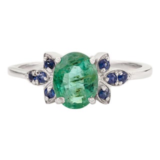 Handmade925 Silver Oval Emerald Statement Ring With Blue Sapphires - Size 7 For Sale