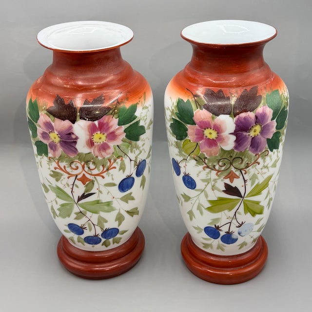 Boho Chic Large Antique Hand-Painted Bohemian Opaline Glass Vases, 1800s, Set of 2 For Sale - Image 3 of 18