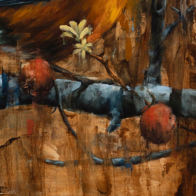 Break From Flight depicts a vibrant bird perched on a branch, surrounded by an earthy palette of browns and muted greens....