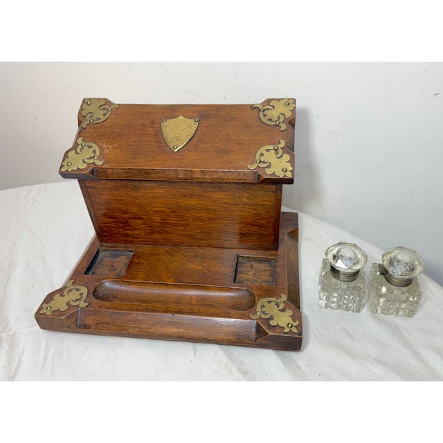 Wood Antique 19th Century English Wood Oak Bronze Inkwell Desk Letter Writing Stand For Sale - Image 7 of 15