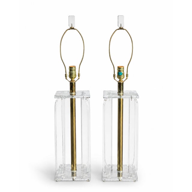 Vintage Lucite and Brass Table Lamps - a Pair For Sale