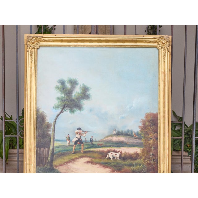 Gold 19th Century English Gilt Trumeau Mirror with Hunting Scene Oil Painting For Sale - Image 8 of 12