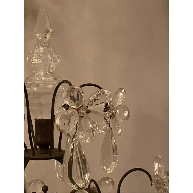 Vintage French Girandole Wrought Iron Lamp With Floral Prisms For Sale - Image 4 of 7