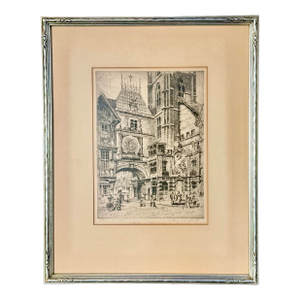 1930s French Cityscape Etching “Gros Horloge” in Rouen, Signed W/ Art Deco Frame