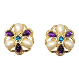 Vintage Signed Trifari Tm Goldtone Cabochon Faux-Amethyst & Faux-Pearl Clip Earrings - 2 Pieces