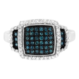 Black Rhodium Plated .925 Sterling Silver 1/2 Cttw White & Blue Diamond Square Halo Cocktail Ring (Fancy Blue & H-I Color, I2-I3 Clarity) - SIze 7-1/2 For Sale