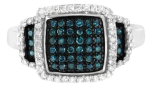 Black Rhodium Plated .925 Sterling Silver 1/2 Cttw White & Blue Diamond Square Halo Cocktail Ring (Fancy Blue & H-I Color, I2-I3 Clarity) - SIze 7-1/2