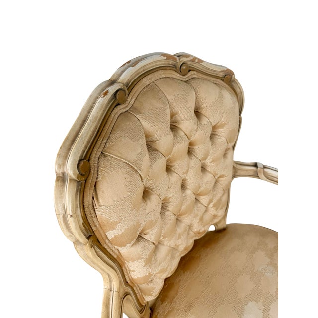 Cream Vintage Louis XV Style Carved & Tufted Upholstered Armchair For Sale - Image 8 of 14