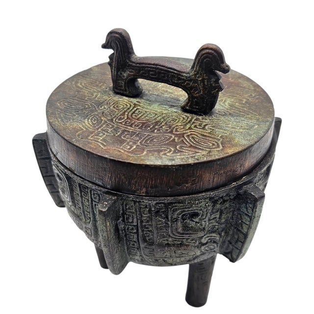 Brown Mid-20th Century Chinese Archaistic Patinated Metal Ding-Form Tripod Censer For Sale - Image 8 of 15