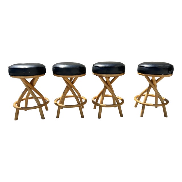 1950s Mid Century Rattan Swivel Spiral Leg Bar Stools - Set of 4 For Sale