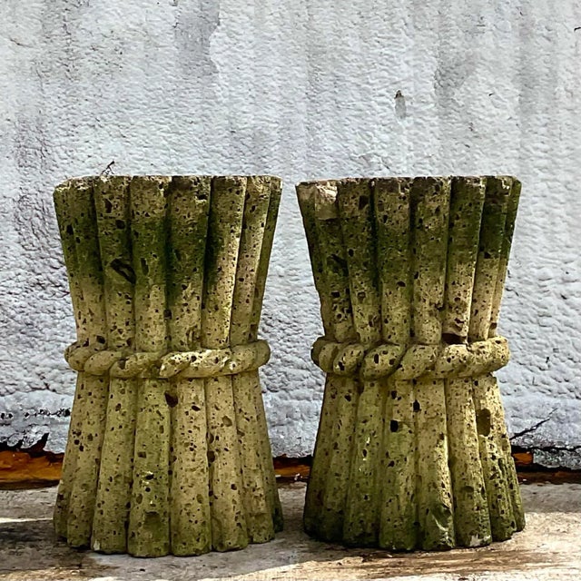 Verdigris Mid 20th Century Vintage Boho Cut Coquina Stone Bamboo Table Pedestals - a Pair For Sale - Image 8 of 9