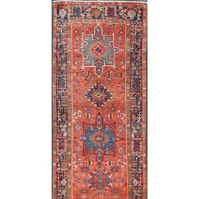 Tribal Antique Hand Knotted Geometric Persian Long Heriz Runner in Red, Blue and Teal 3'4 X 14'4 For Sale - Image 3 of 14