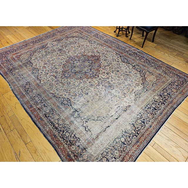 Textile 19th Century Persian Kashan Rug, Hand-Knotted Wool & Cotton, Floral Design, Ivory & Navy, 9x12 For Sale - Image 7 of 18