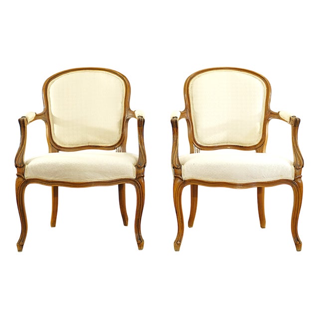 Antique Rococo Oak Armchairs with Light Beige Upholstery, Sweden, 1850s, Set of 2 For Sale