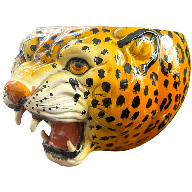 1970s 1970s Monumental Sculptural Leopard Head Cachepot – Hand Painted Ceramic – Hollywood Regency Statement Object For Sale - Image 5 of 12