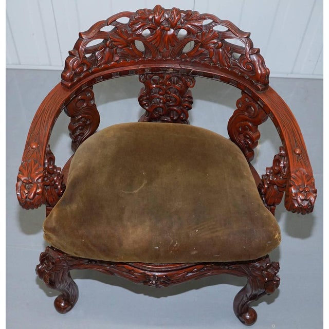 Vintage Chinese Red Lacquered Carved Elm Armchair with Heavy Foliage Detailing For Sale - Image 4 of 18