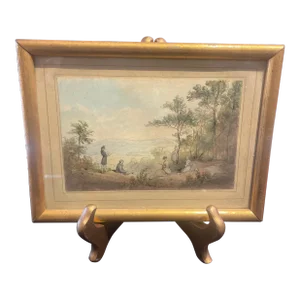 1949 Antique German Landscape With Figures Watercolor by Casper Scheuren