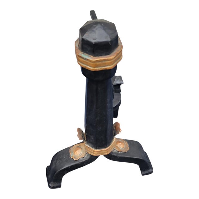 Pair of 19th C Arts & Crafts Cast Iron Andirons W/ Copper Hammered Accents Fireplace For Sale - Image 9 of 16