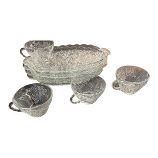 Vintage Mid-Century Modern Anchor Hocking "Grape & Leaf" Clear Pressed Glass Snack Sets For Sale