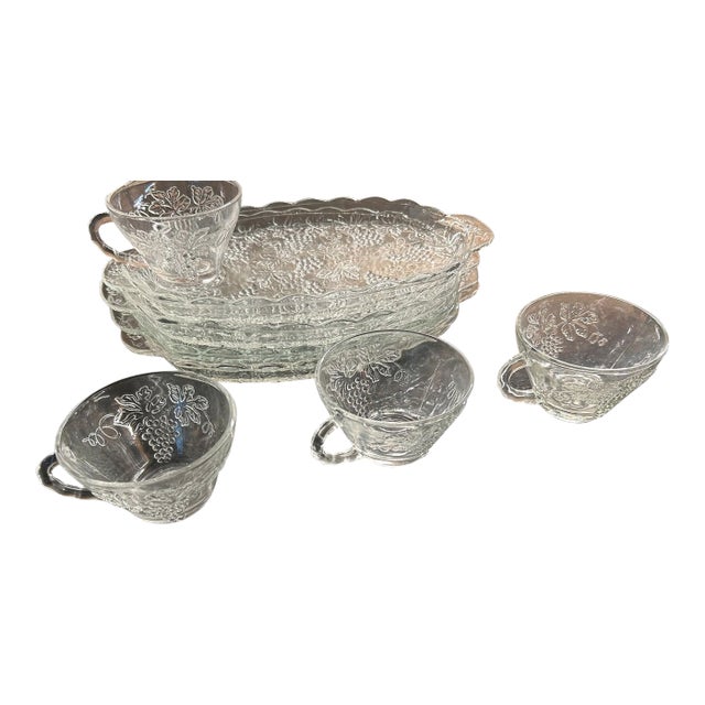 Vintage Mid-Century Modern Anchor Hocking "Grape & Leaf" Clear Pressed Glass Snack Sets For Sale