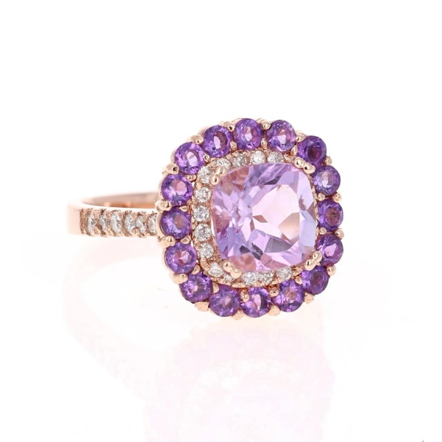 Contemporary 3.56 Carat Cushion Cut Amethyst Diamond Rose Gold Cocktail Ring, Size 7 For Sale - Image 3 of 7