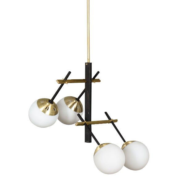 Vintage Pendant Light in Black Metal, Brass & Opaline Glass, 1950s For Sale