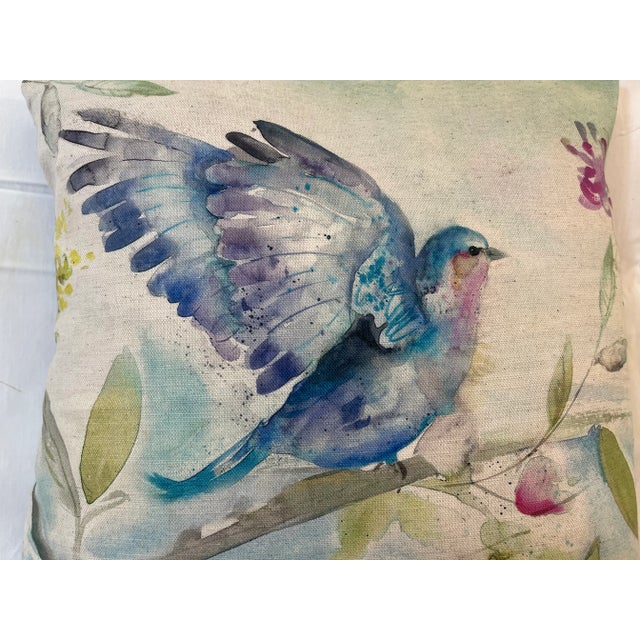 Cream 16" Square Decorative Toss Pillow Emblazoned With a Stunning Blue Bird on a Flowered Tree Limb - Made in the U K For Sale - Image 8 of 12