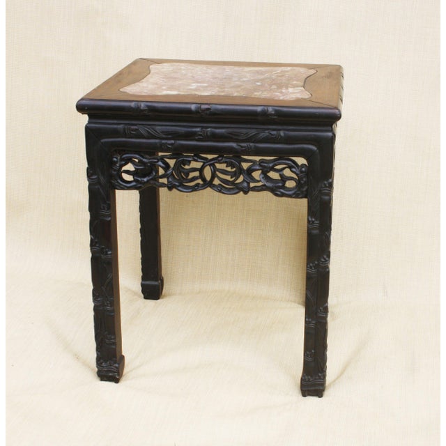Chinese Antique Qing Era Chinese Hand-Carved Wood Table With Inset Marble Top For Sale - Image 3 of 9
