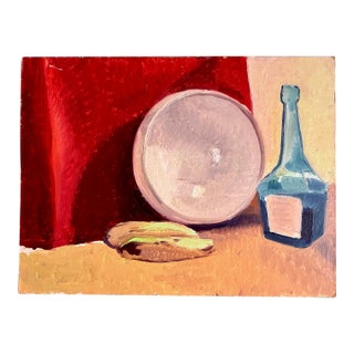 Patricia Tool Vintage Original Oil Painting Still Life Bottles Plates Signed For Sale